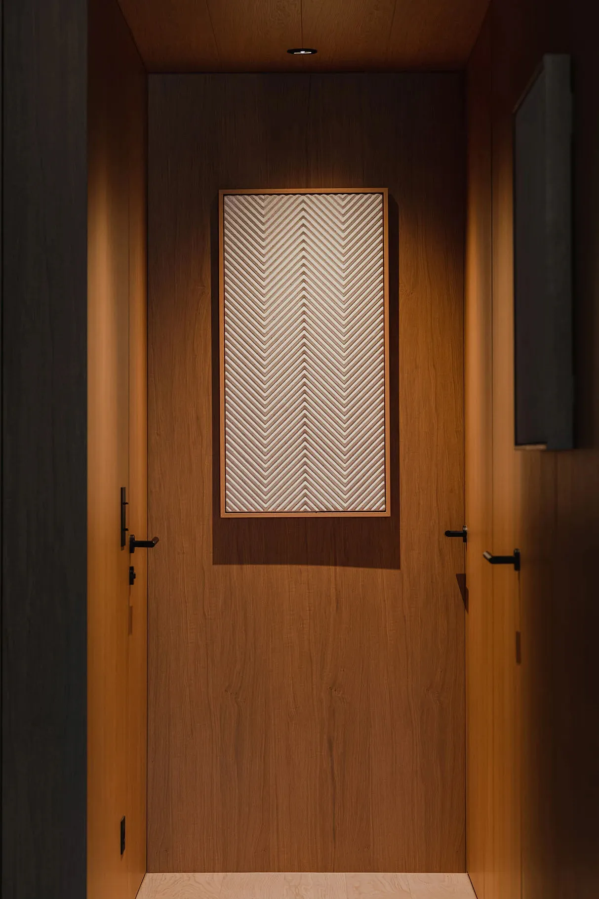 Modern entryway featuring a wooden door with a textured geometric pattern.