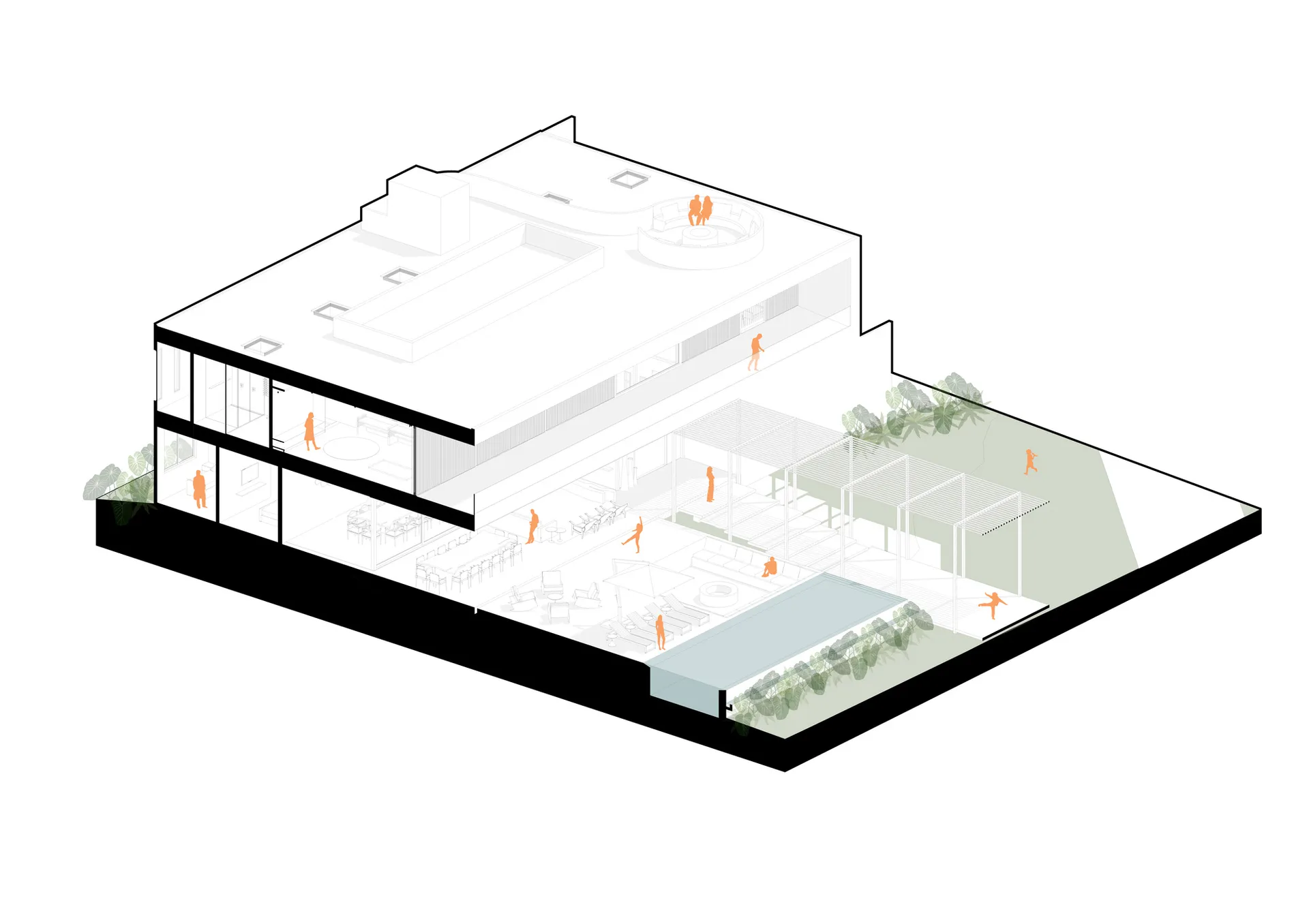 Modern house plan featuring glass, concrete, and timber materials.