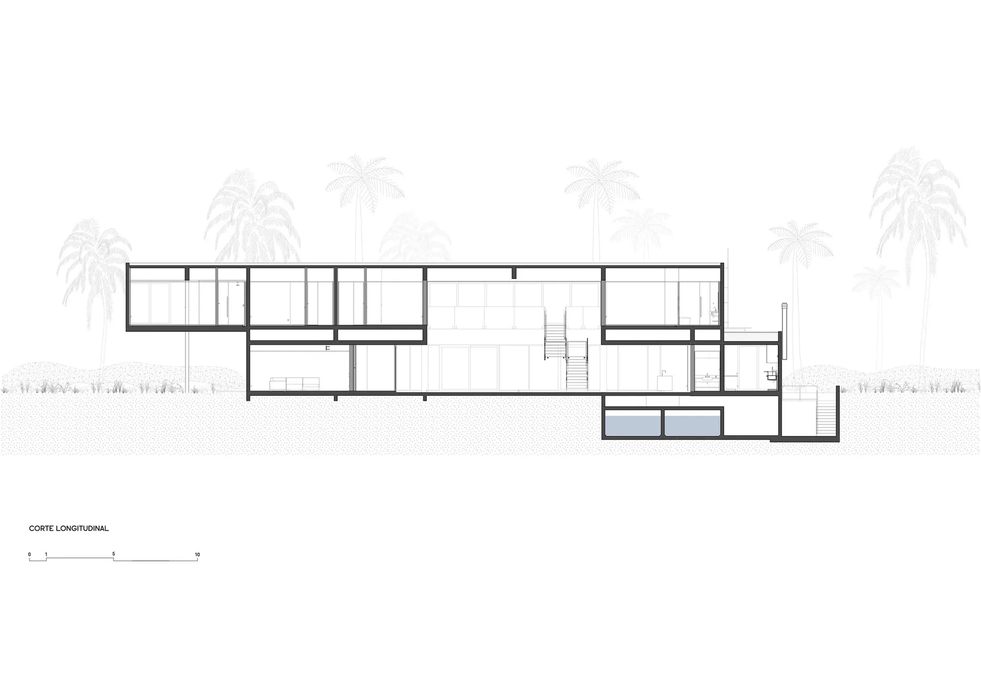 Modern residential floor plan featuring glass walls and open spaces.