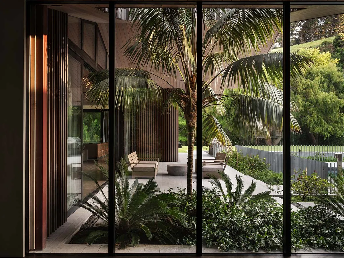 A modern backyard featuring a concrete terrace with a palm tree and wooden seating area.