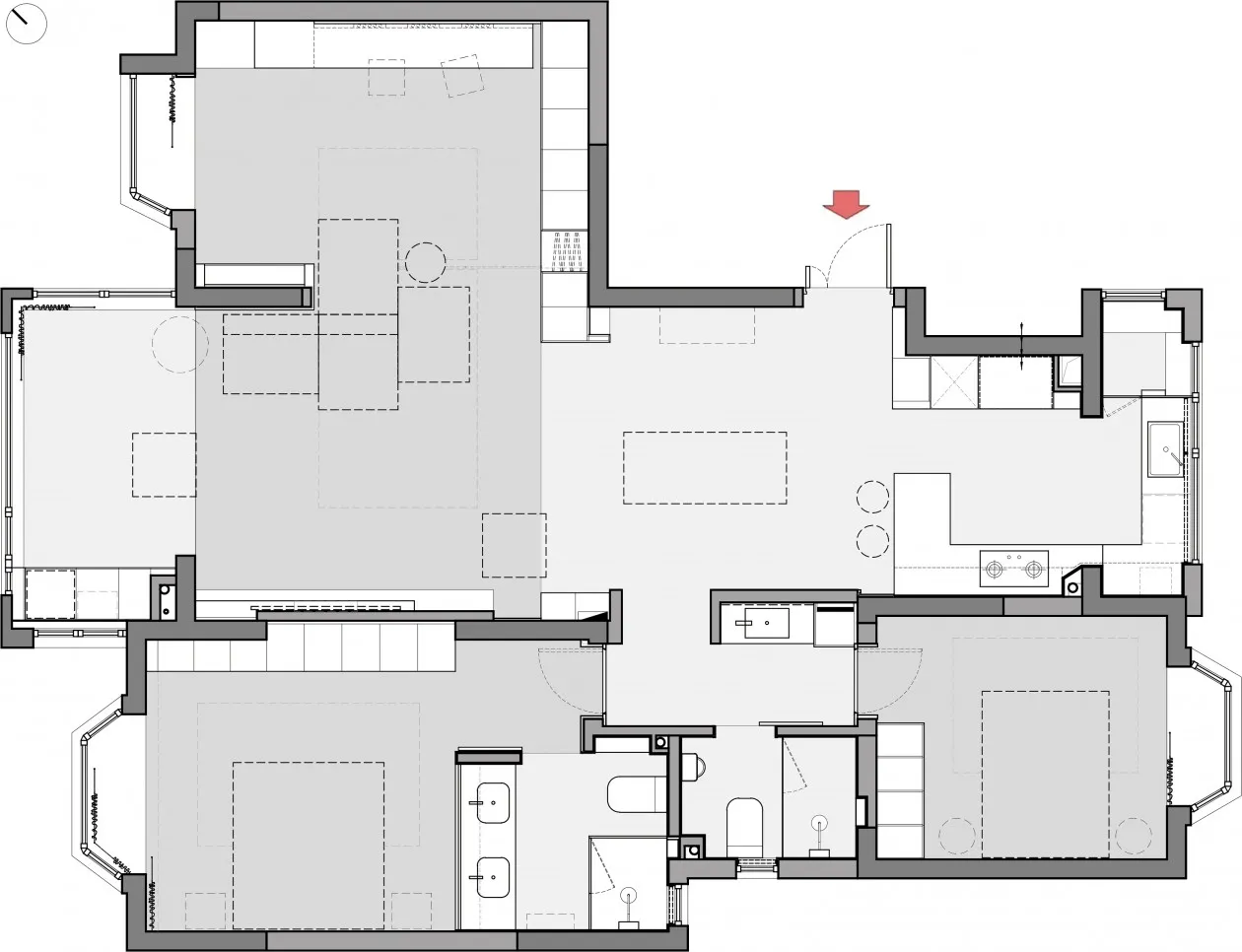 A detailed 2D architectural blueprint of a modern condo's floor plan in shades of gray.