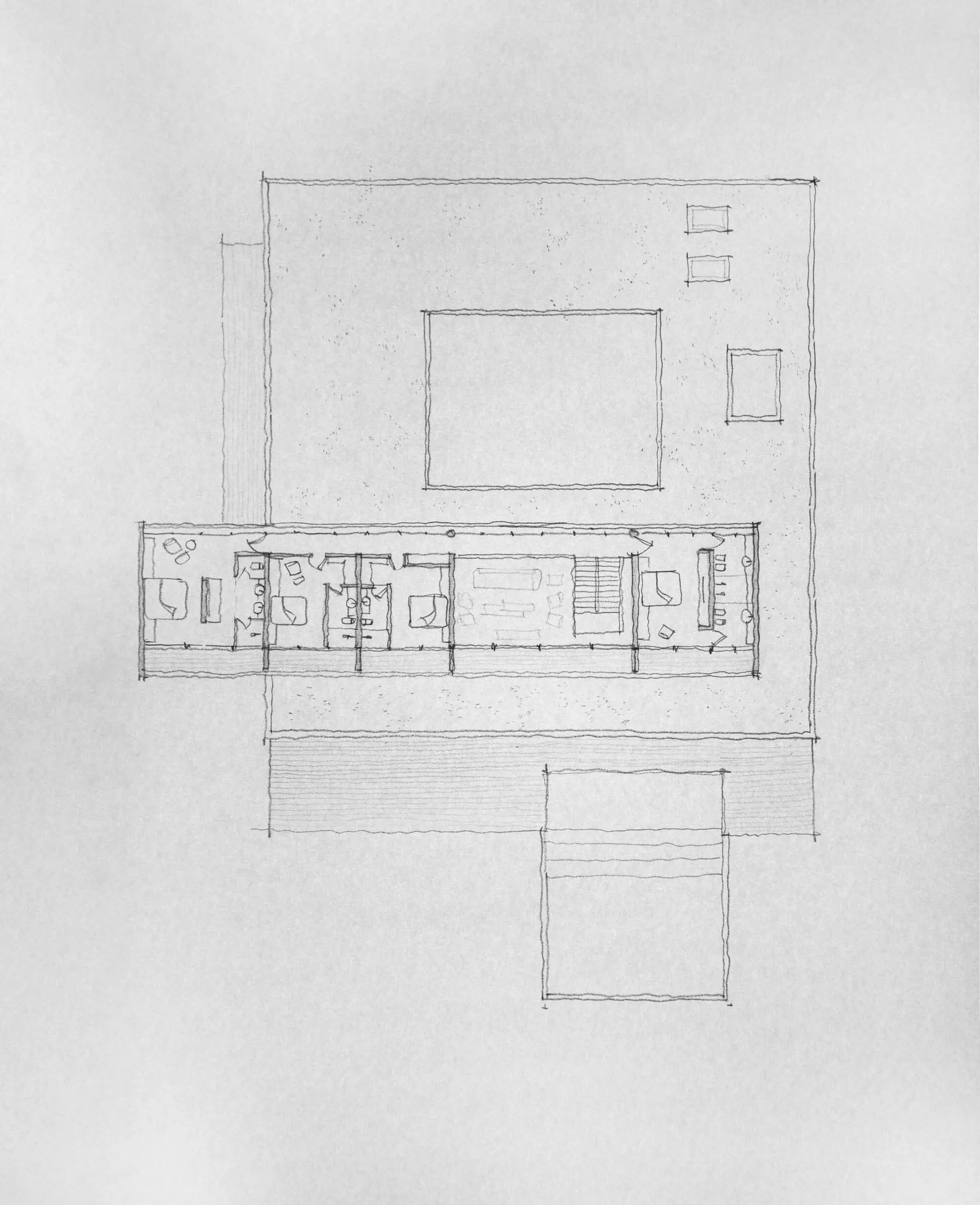 Detailed black and white line drawing of a modern industrial-style apartment floor plan.