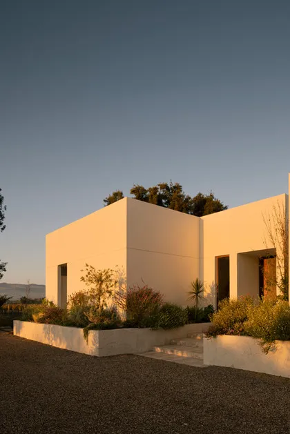 A minimalist-style house with a white concrete exterior and landscaping.