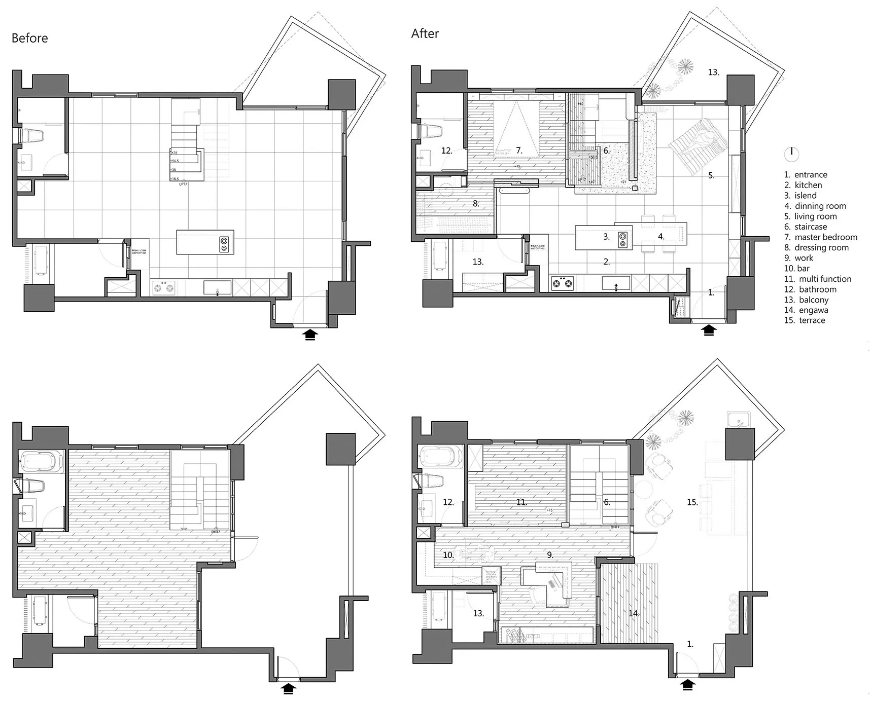 Before and after visual comparison of a residential floor plan