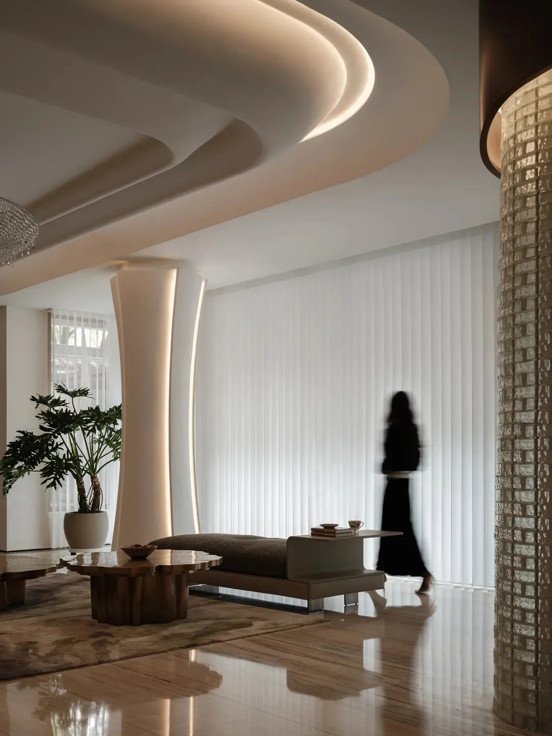 Modern living room with marble floor and wooden accents