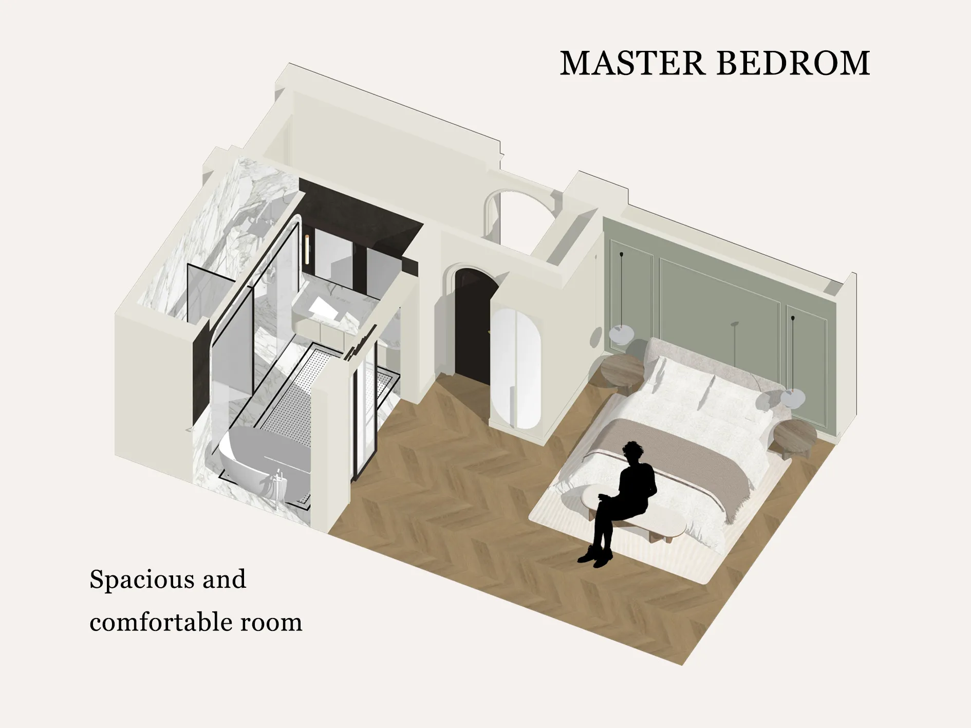 A render of a modern residential interior showing a bedroom and attached bathroom, featuring contemporary design elements and