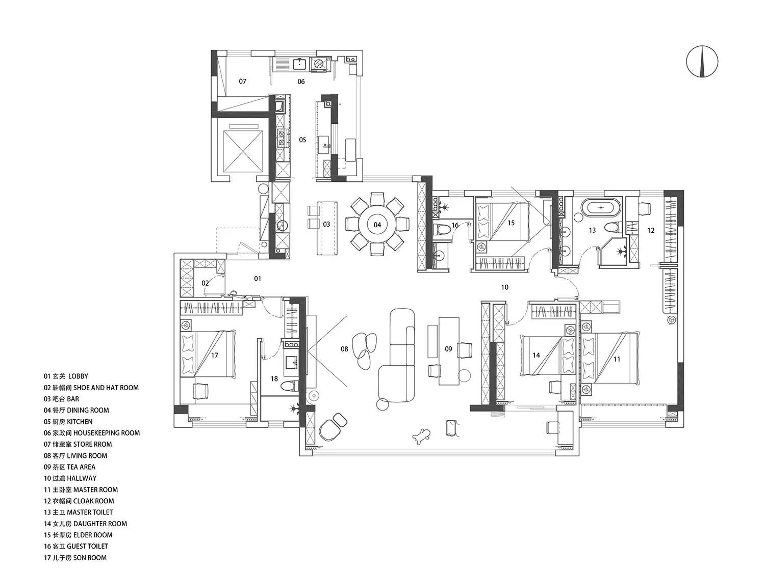 A detailed architectural floor plan showing the layout and features of a modern residential space.
