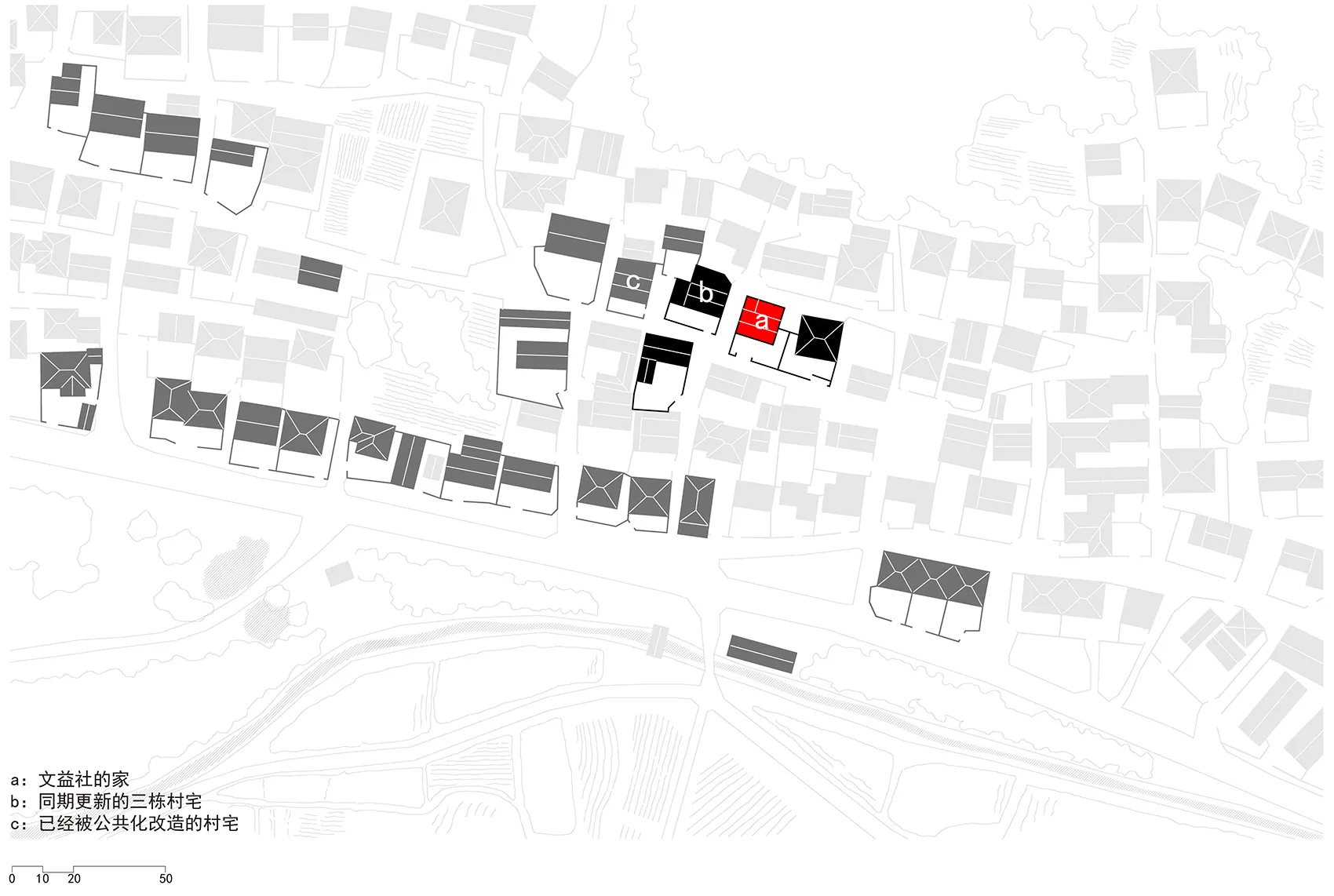 黑白都市開發規劃圖,標示各式建築與區域,包括住宅、翻新建物,以及