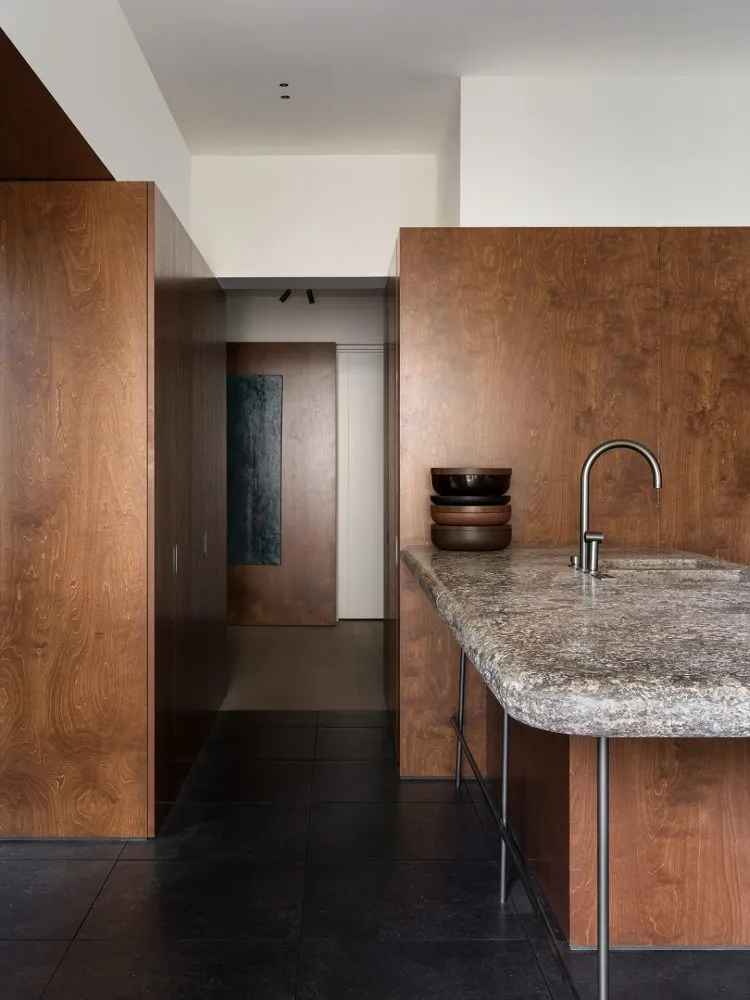 Modern kitchen with granite countertops and wooden cabinets.