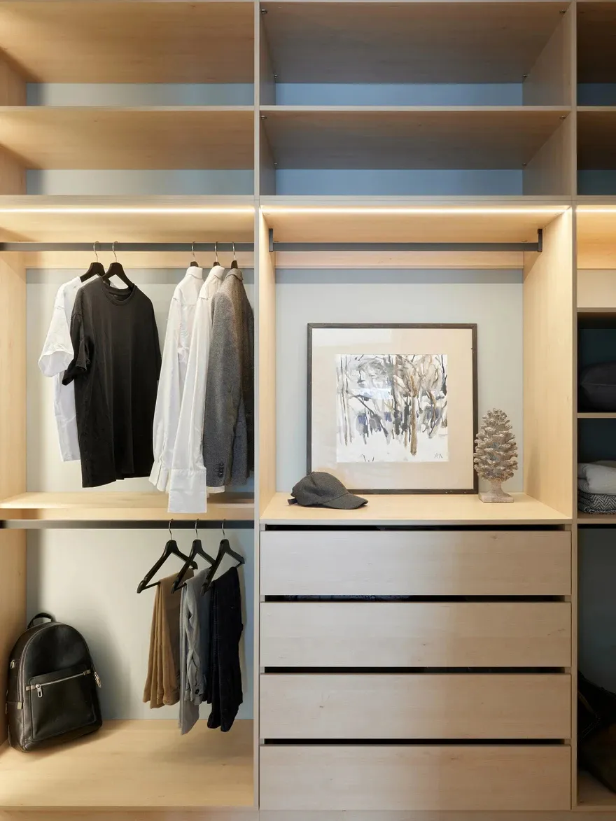 A modern light-wood closet with clothes hanging neatly and a framed artwork on the surface.