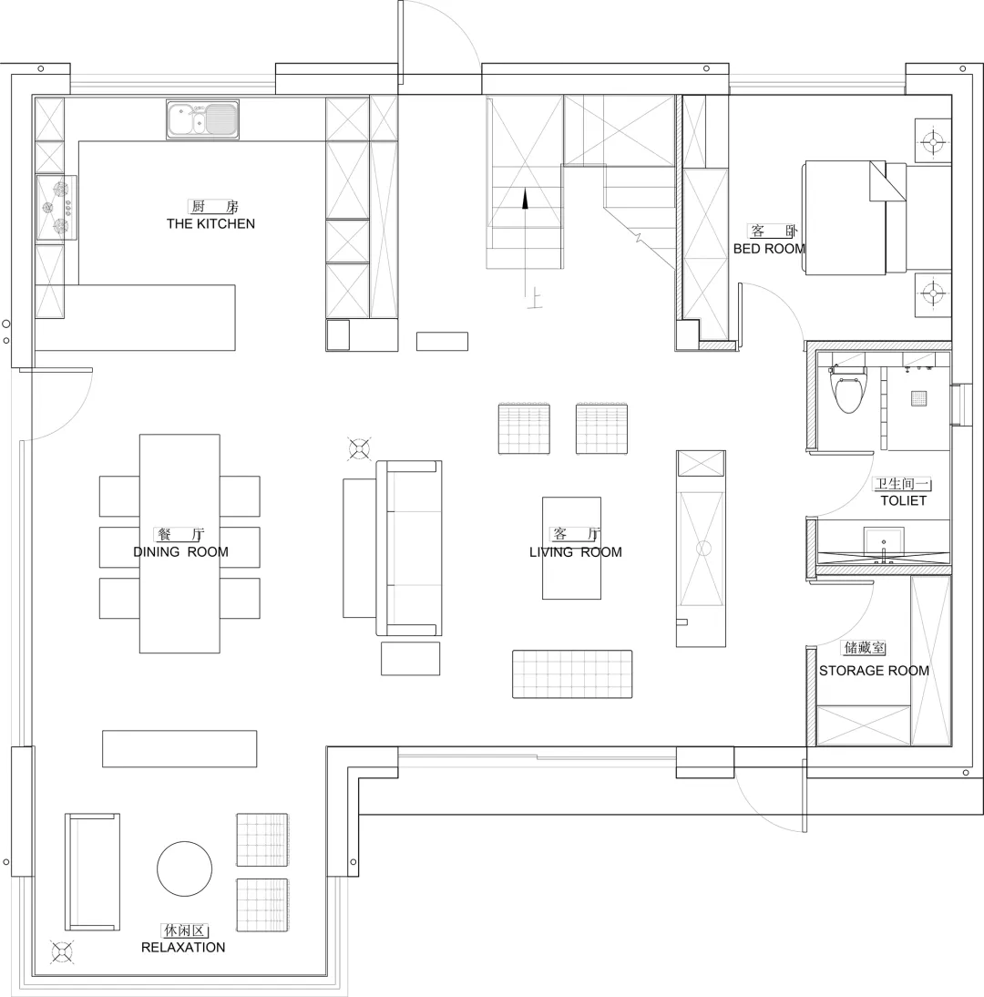 Floor plan of a modern living room with white walls and furniture.