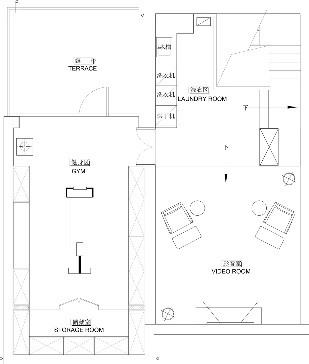 住宅空間平面圖,包含儲藏室、洗衣房、健身房與視聽室。
