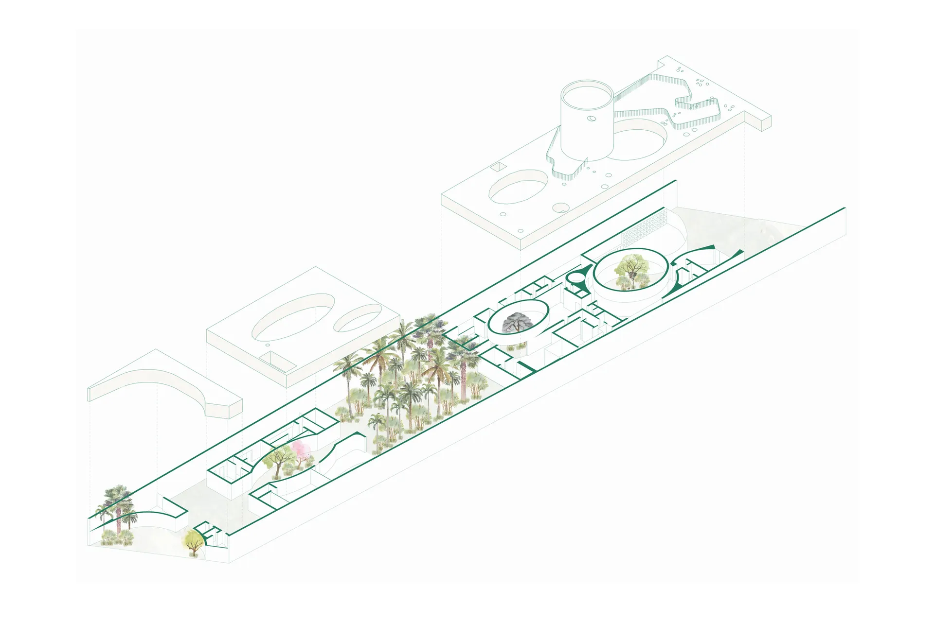 Architectural plan of an indoor garden with detailed layouts and plant arrangements