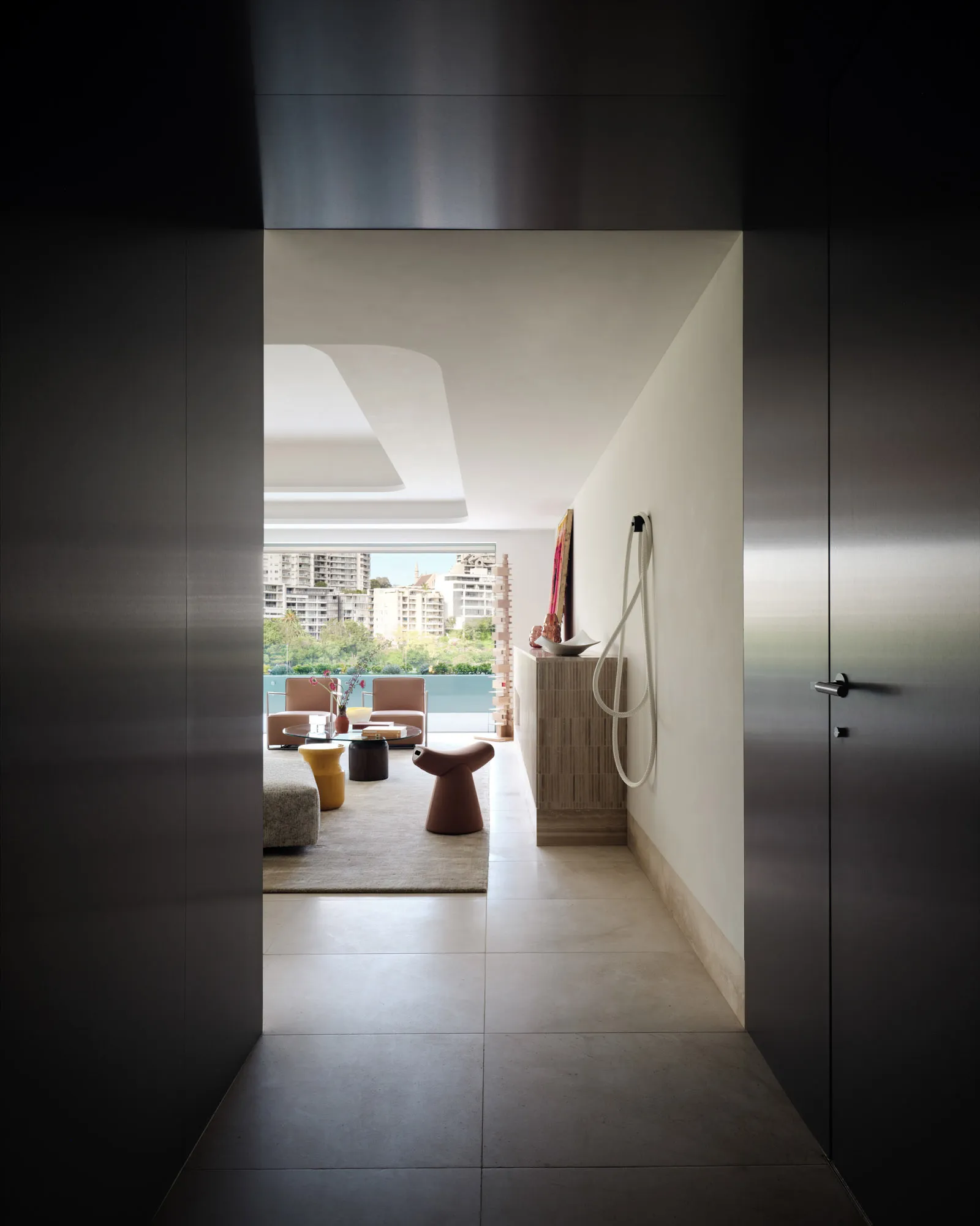Modern living room with concrete and brick materials