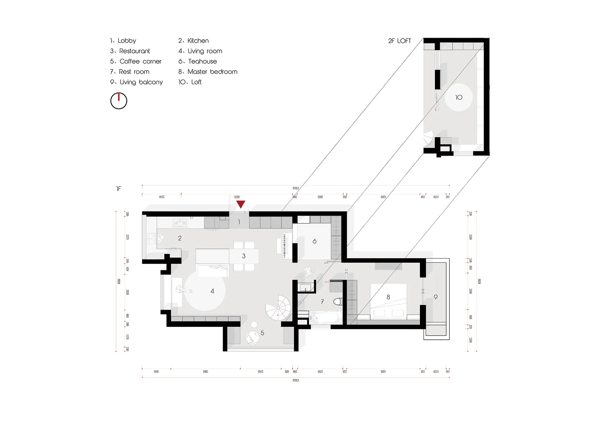 Modern minimalist architectural floor plan layout with detailed specifications and room numbers.