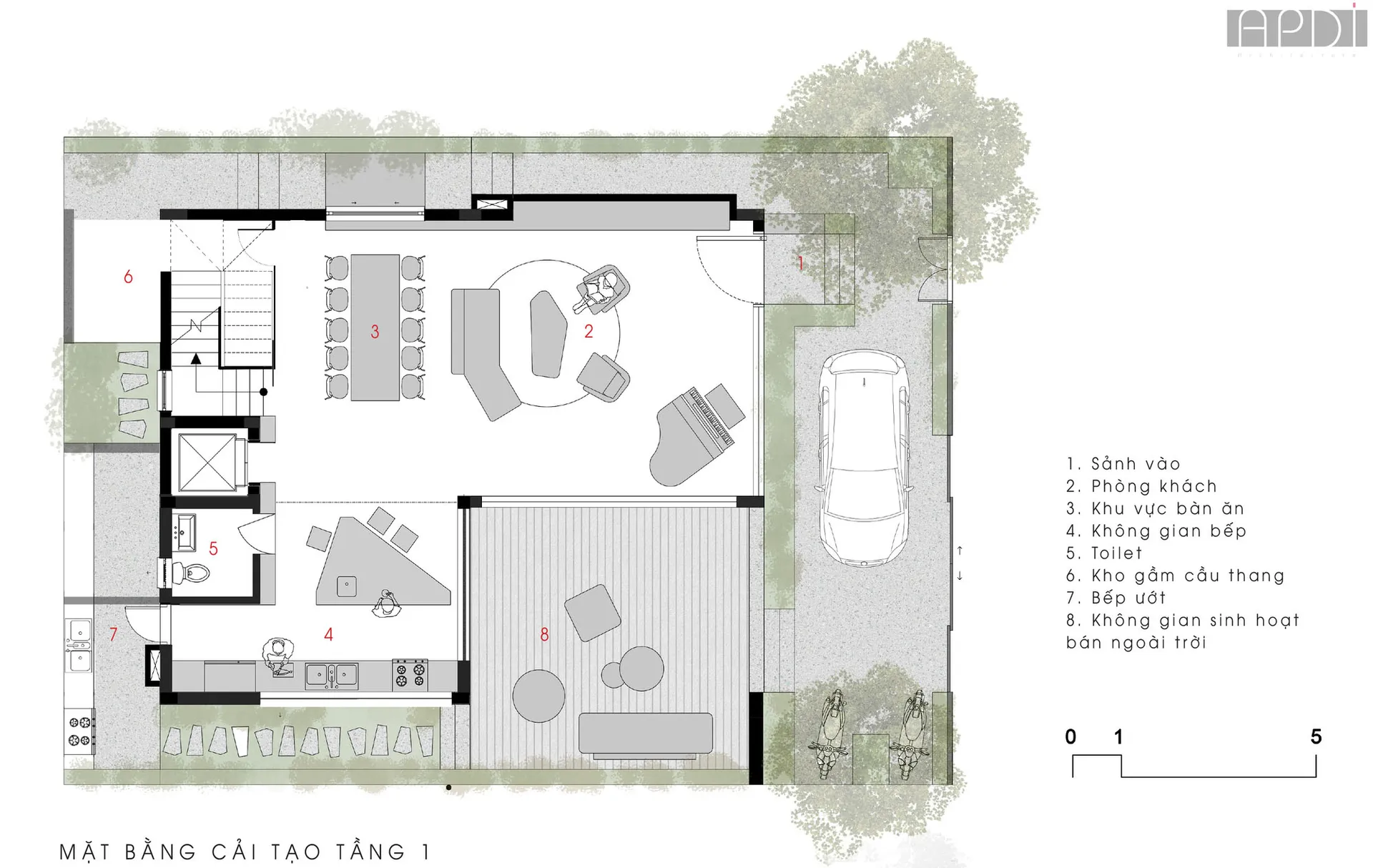 Modern residential floor plan featuring concrete finishes and an open living space.