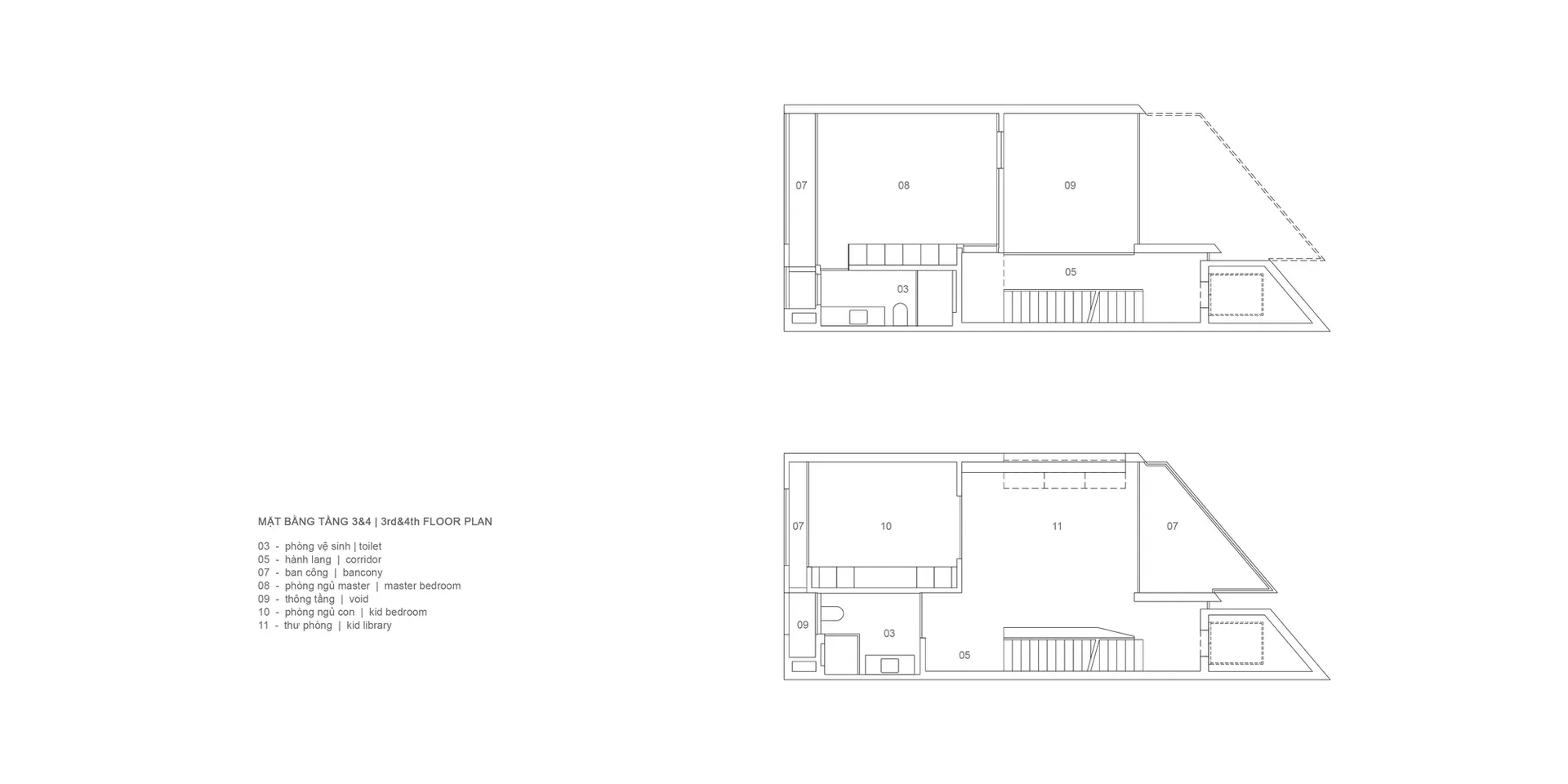 Technical architectural drawing of the third and fourth floors of a building, showing room numbers and layout.