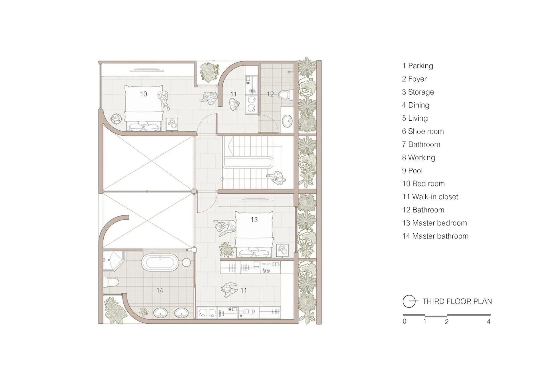 An architectural floor plan of a modern apartment with tiled floors, showing the layout of the rooms and spaces.