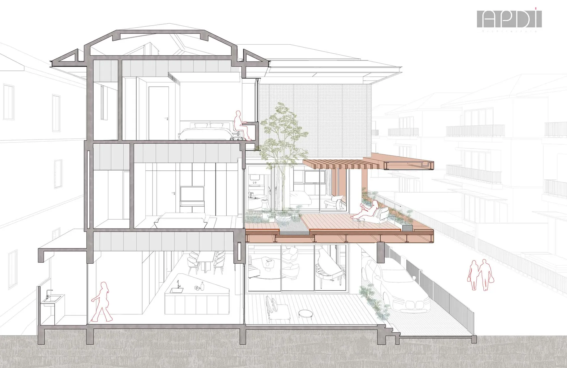 Modern interior cross-section with wood, concrete, and glass elements.