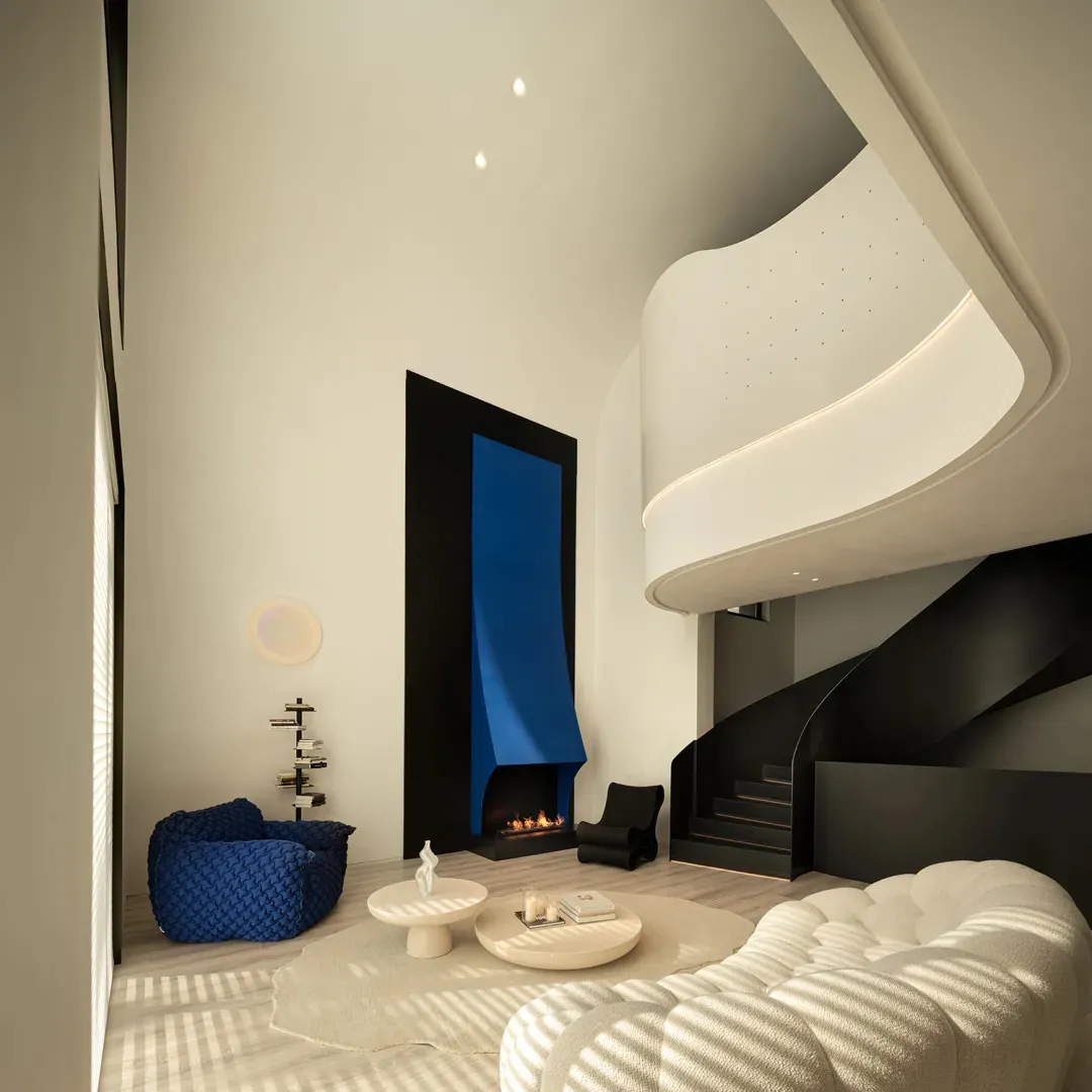 A modern minimalist living room features a blue fireplace, a white sofa, and a curved staircase.
