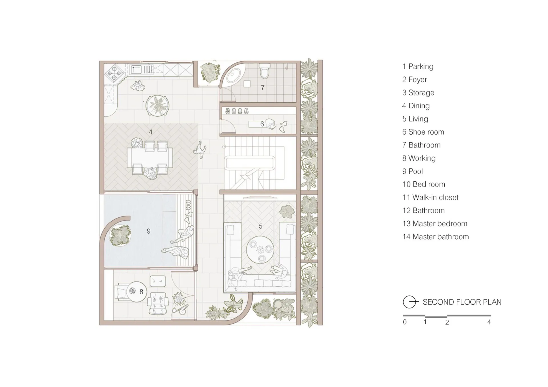 Second floor plan of a modern residential building with labeled rooms.
