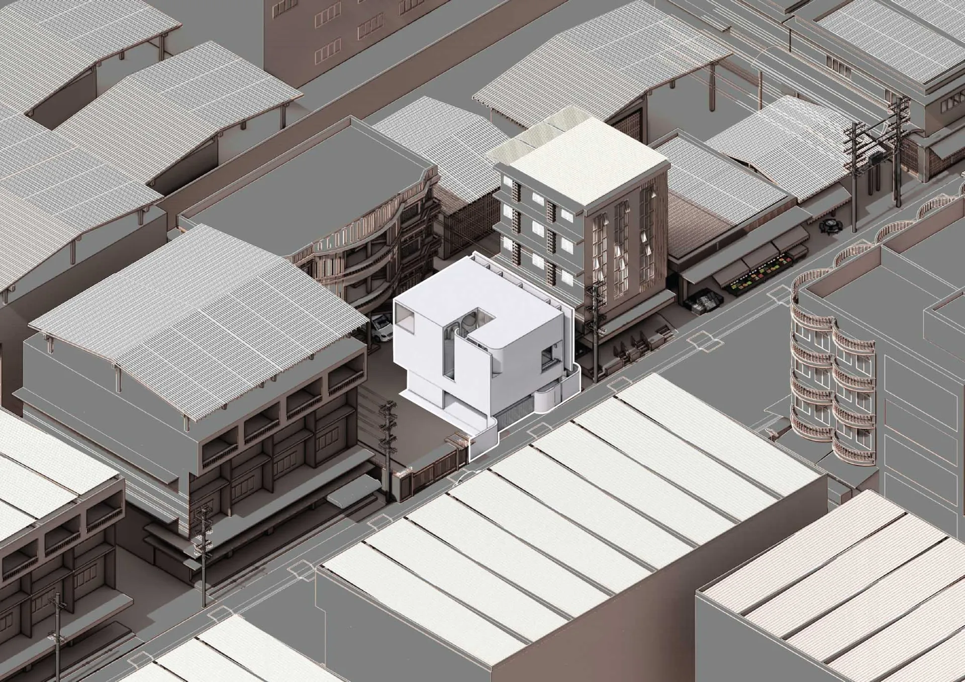 Urban architectural rendering showcasing mixed materials and urban planning concepts.