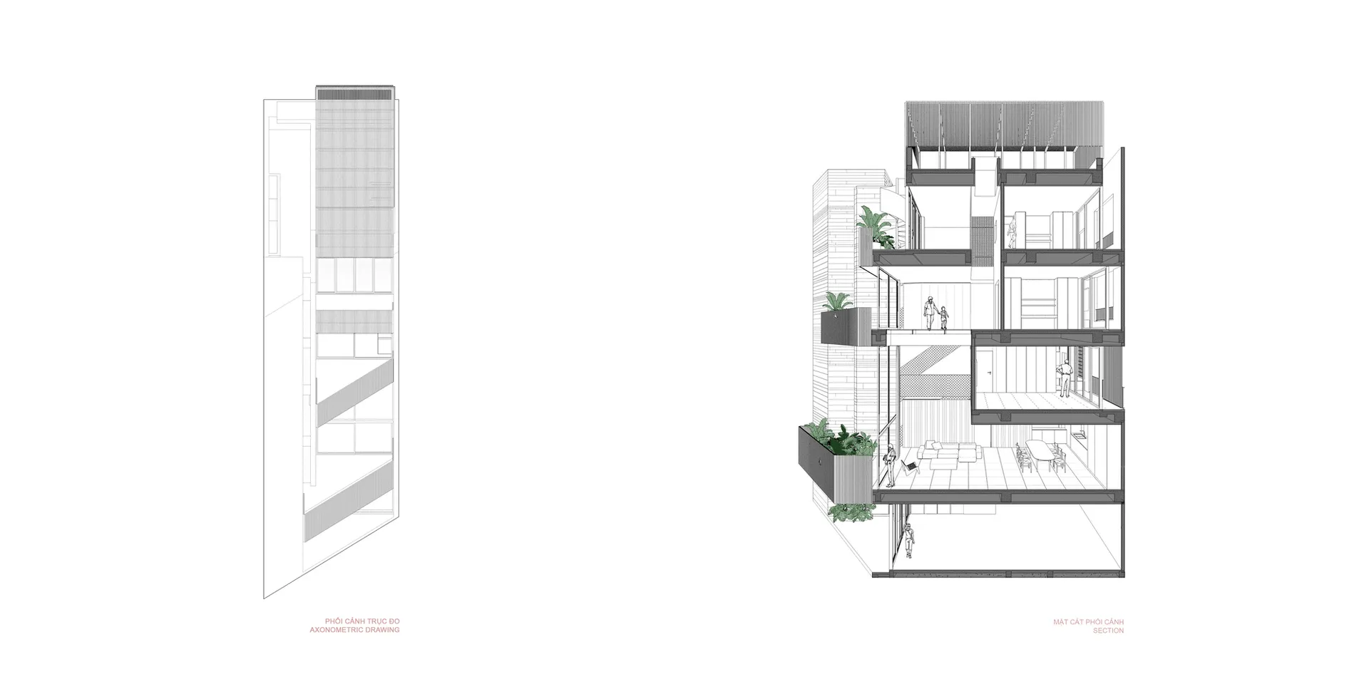 A modern apartment's structural plan featuring concrete, glass, and wood elements.