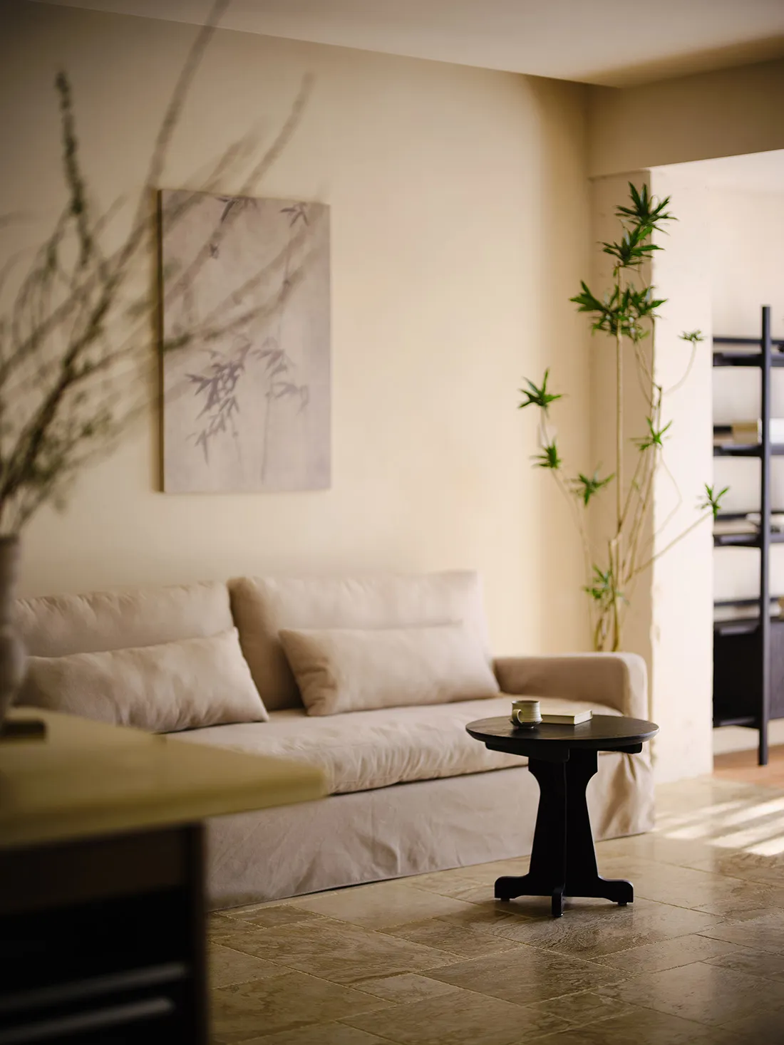 A minimalist living room with a beige sofa and black coffee table.