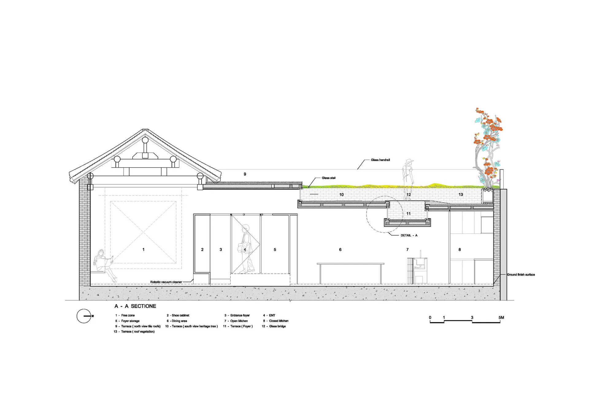 An architectural drawing showcasing the cross-sectional view of a modern house, featuring various rooms and sections.