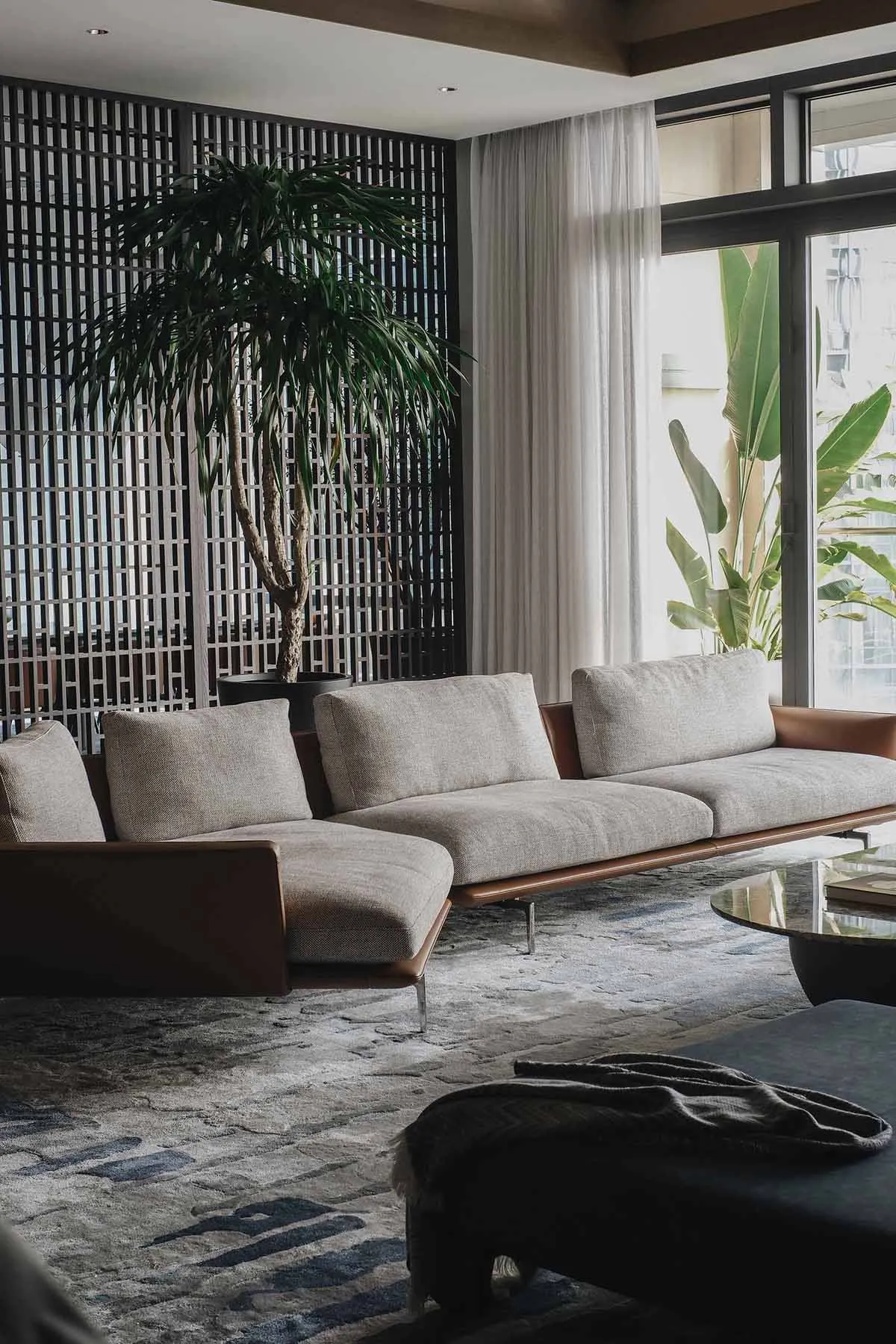 Modern living room featuring fabric and leather furniture with a potted plant in the corner.