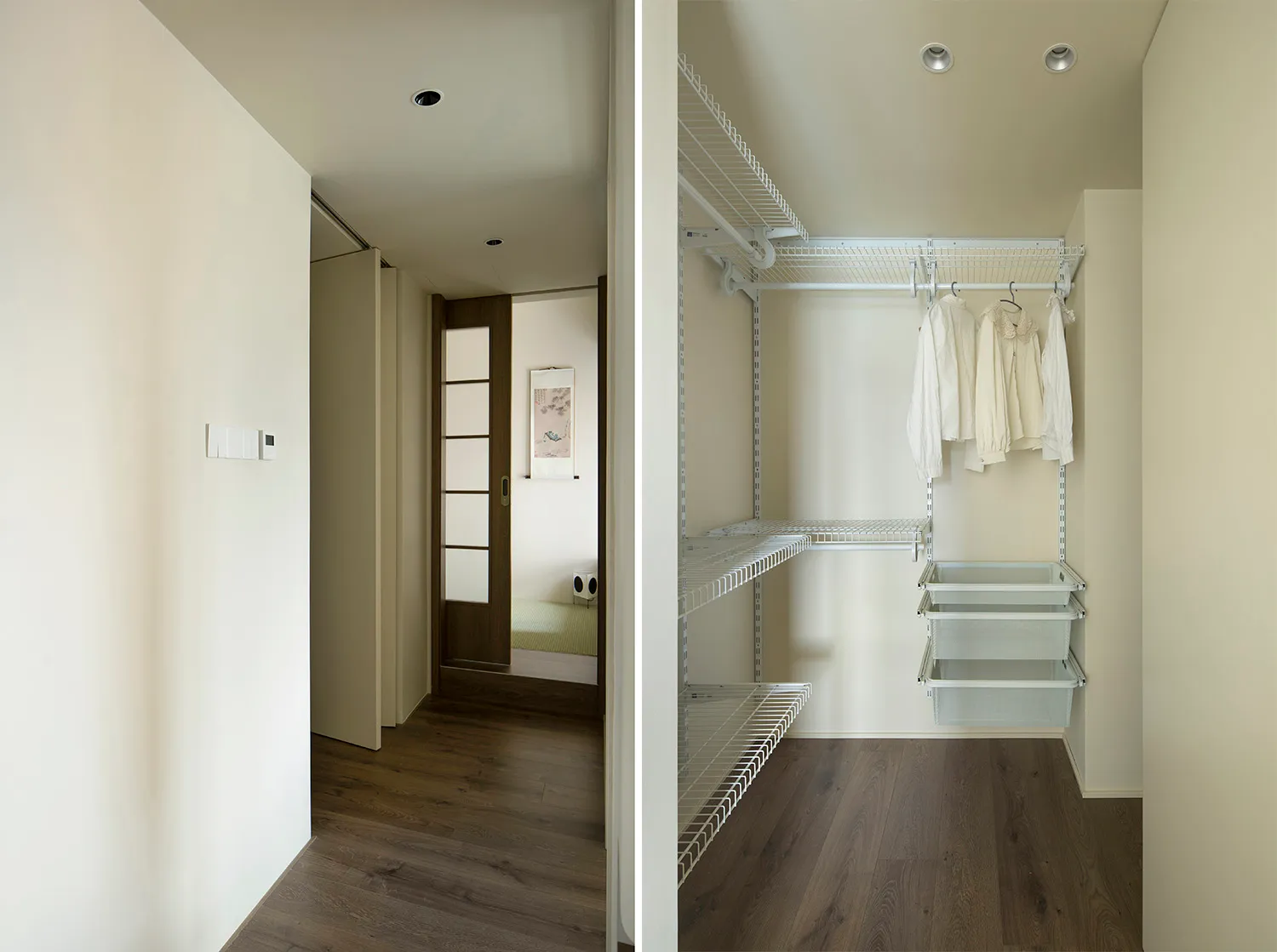 A modern closet interior featuring metal wire shelving for clothing storage