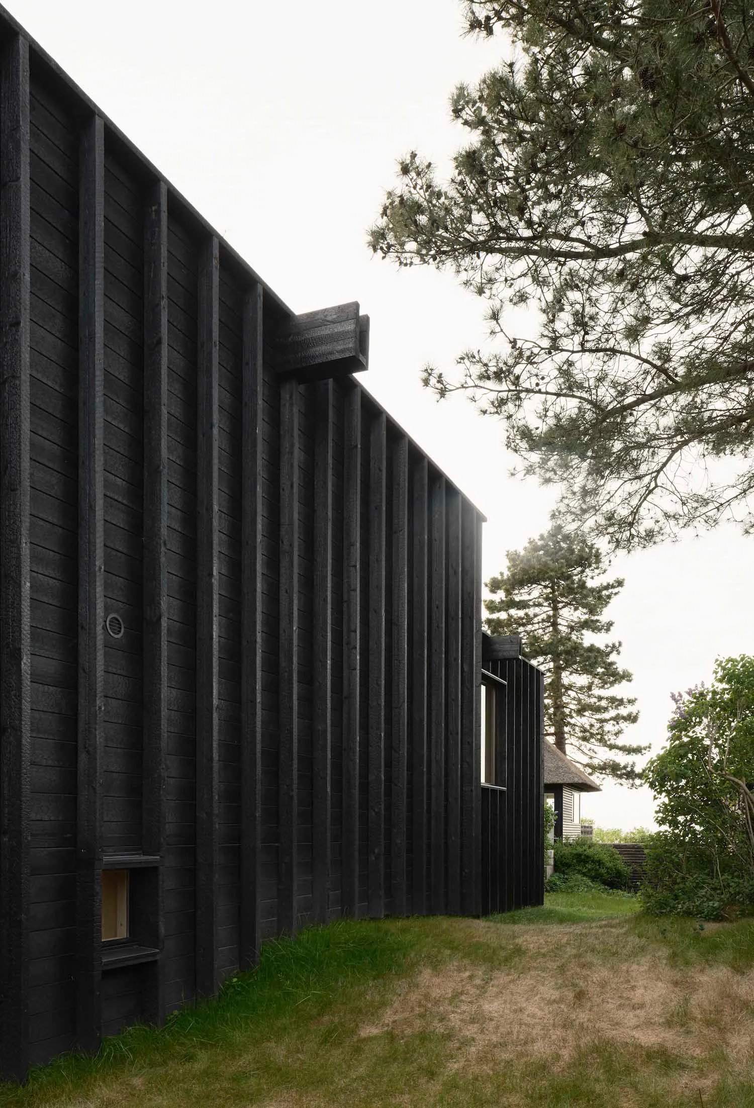Black wooden exterior of a modern house with a dirt path and trees in the background.