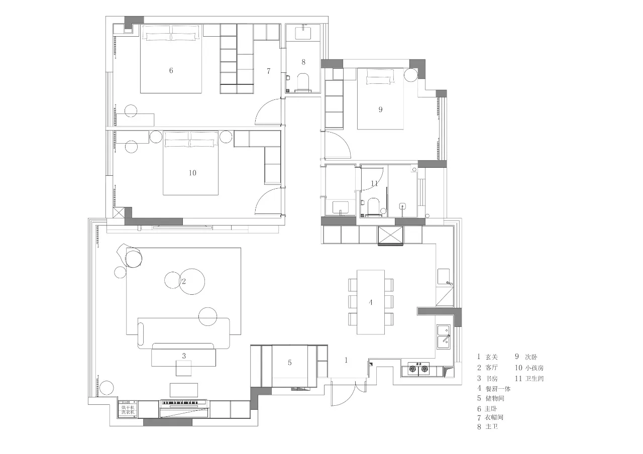 A detailed 2D architectural drawing of a residential floor plan with labeled rooms and spaces.