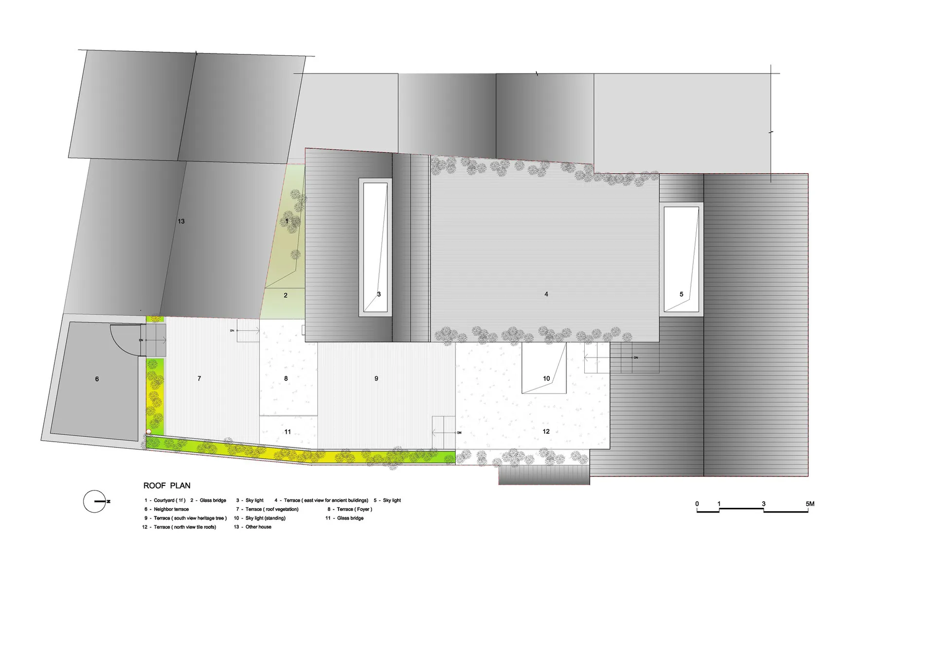Floor plan of a residential building with roof terrace, glass bridge, and various sky lights.