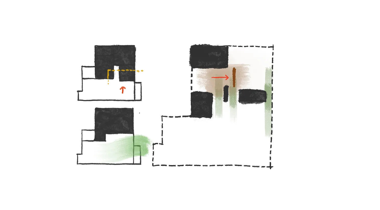2D 建築平面圖,以黑色與綠色形狀代表樓層,並以紅色虛線標示動線。