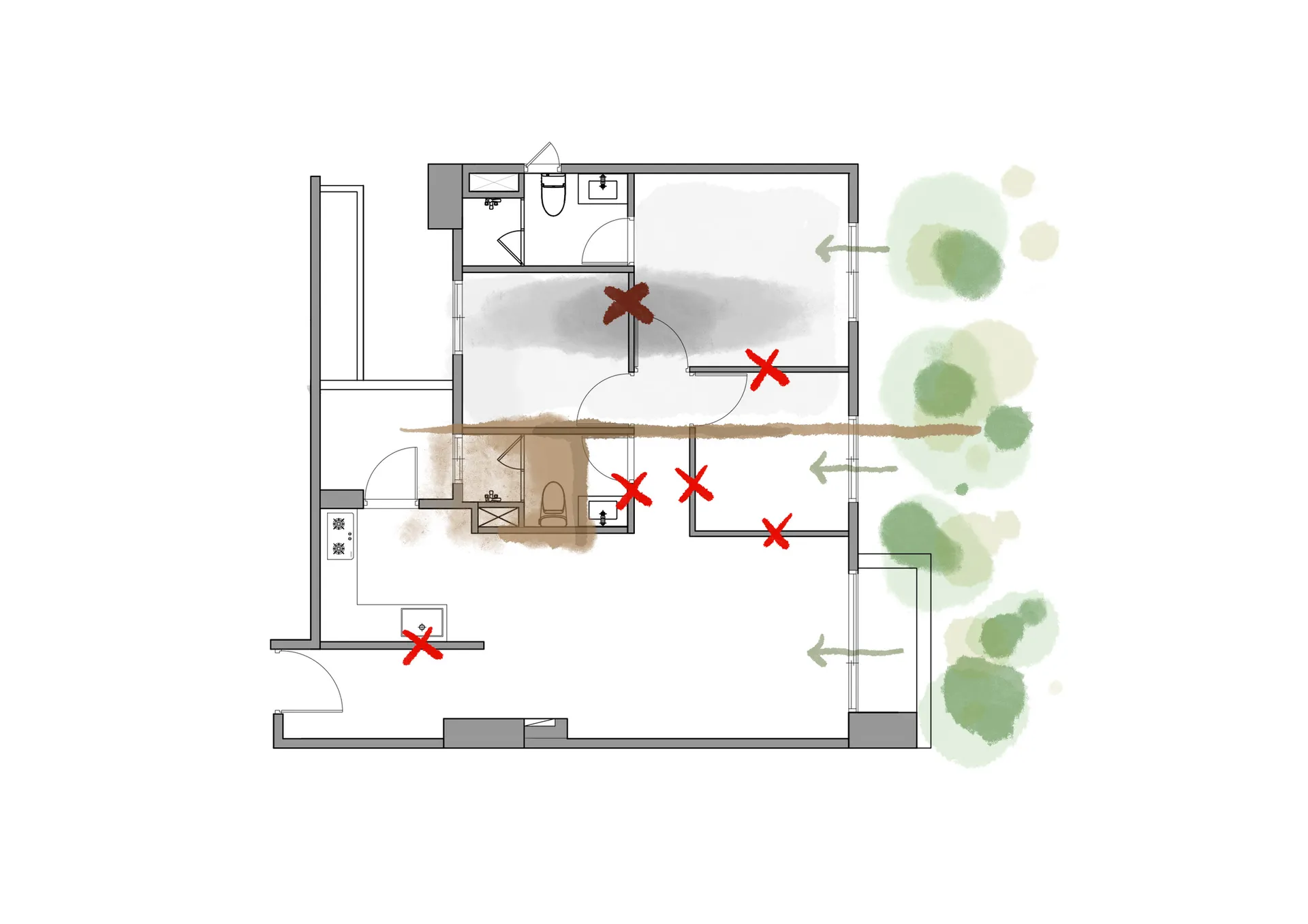 Modern floor plan of an apartment with highlighted sections.