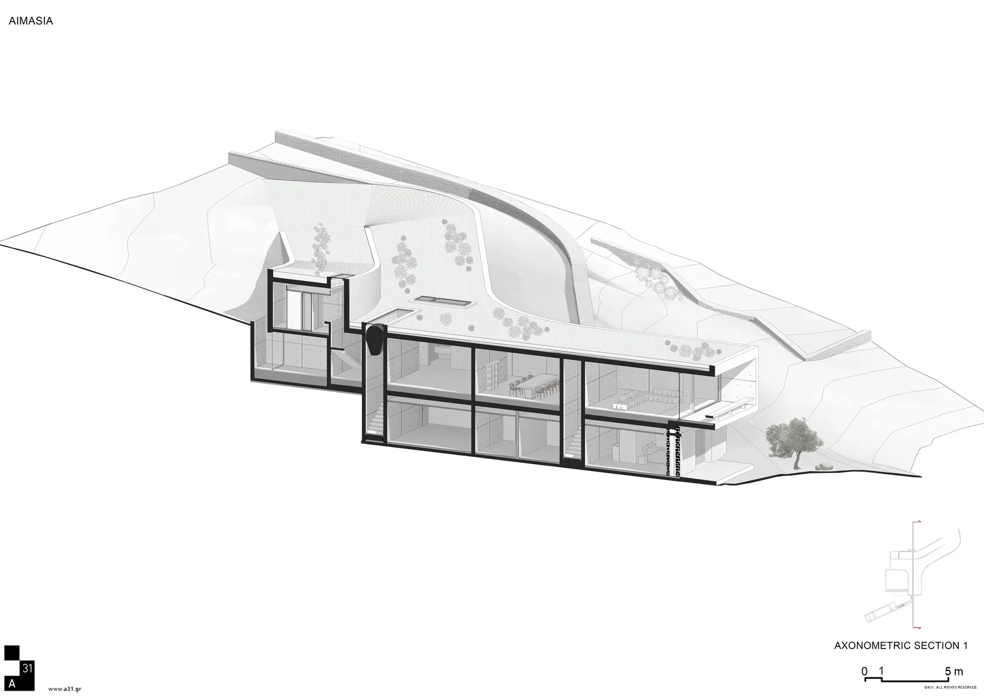 Axonometric drawing of a modern house featuring glass walls