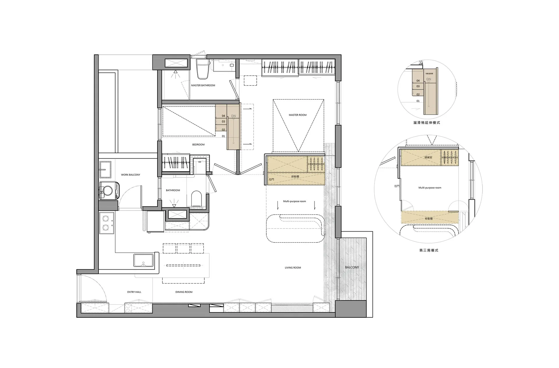 Minimalist multi-purpose room floor plan with sliding panel and storage space.