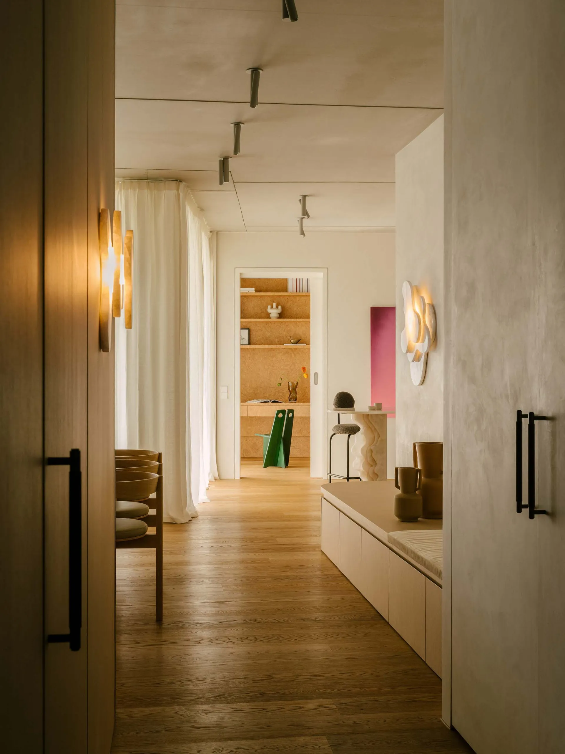 Modern minimalist interior design with wooden walls and furniture.