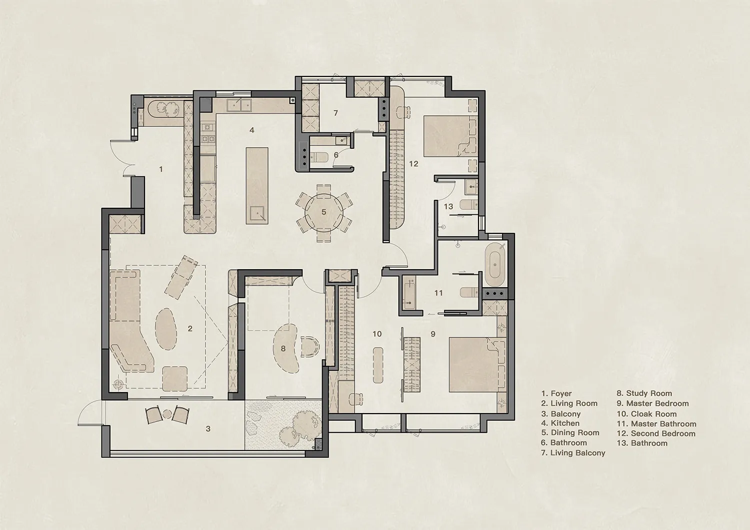 A minimalist apartment layout plan showing rooms and furniture arrangements.