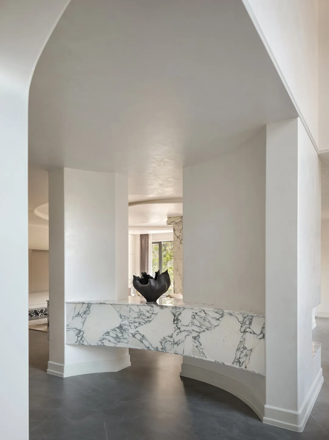 A modern living room featuring a marble floor.