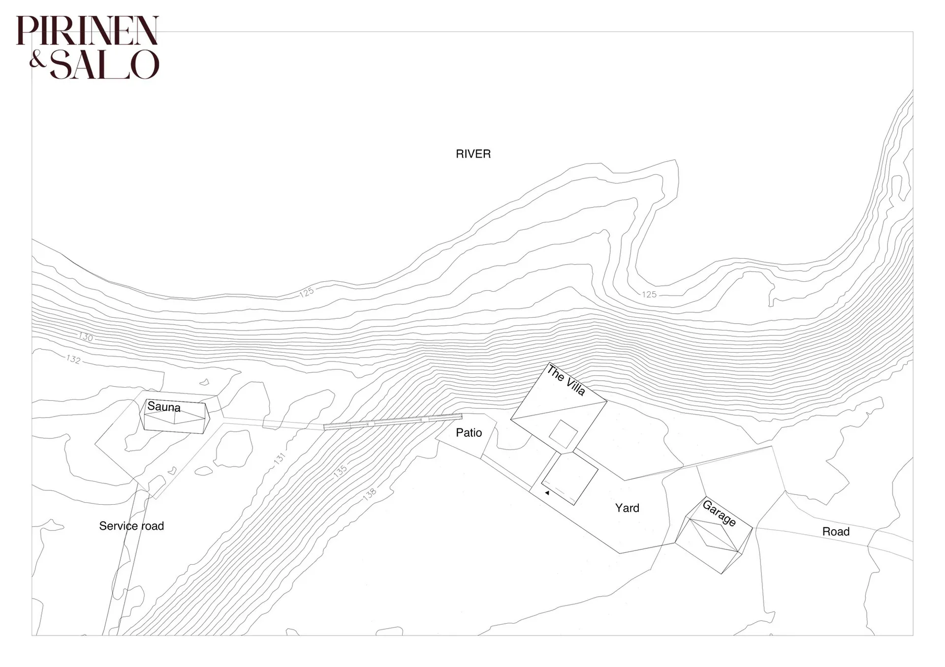 2D technical drawing of a residential villa near a river, with labeled architectural components such as the Villa, Sauna, Roa
