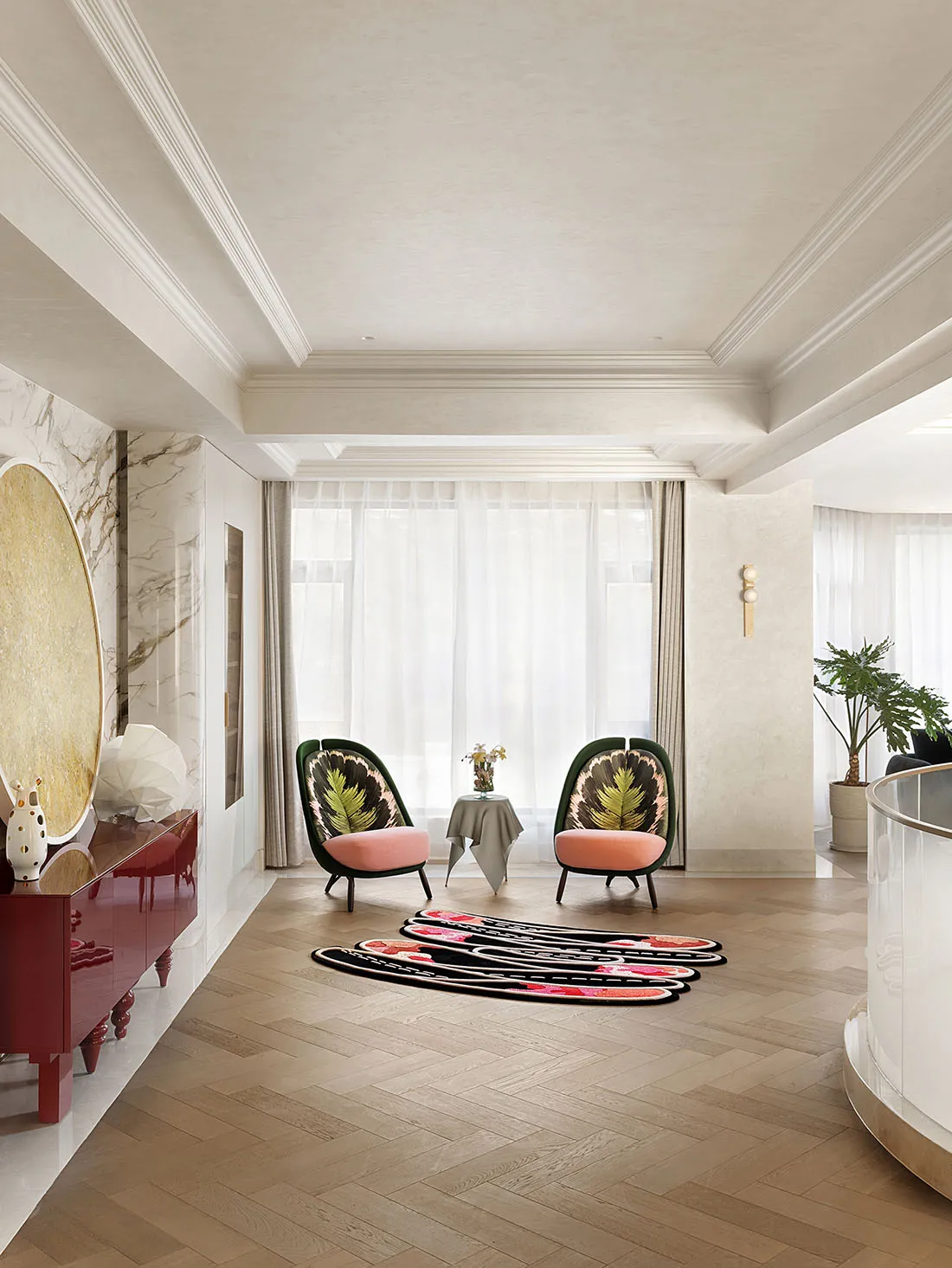 A modern living room featuring wood, marble, and fabric materials.