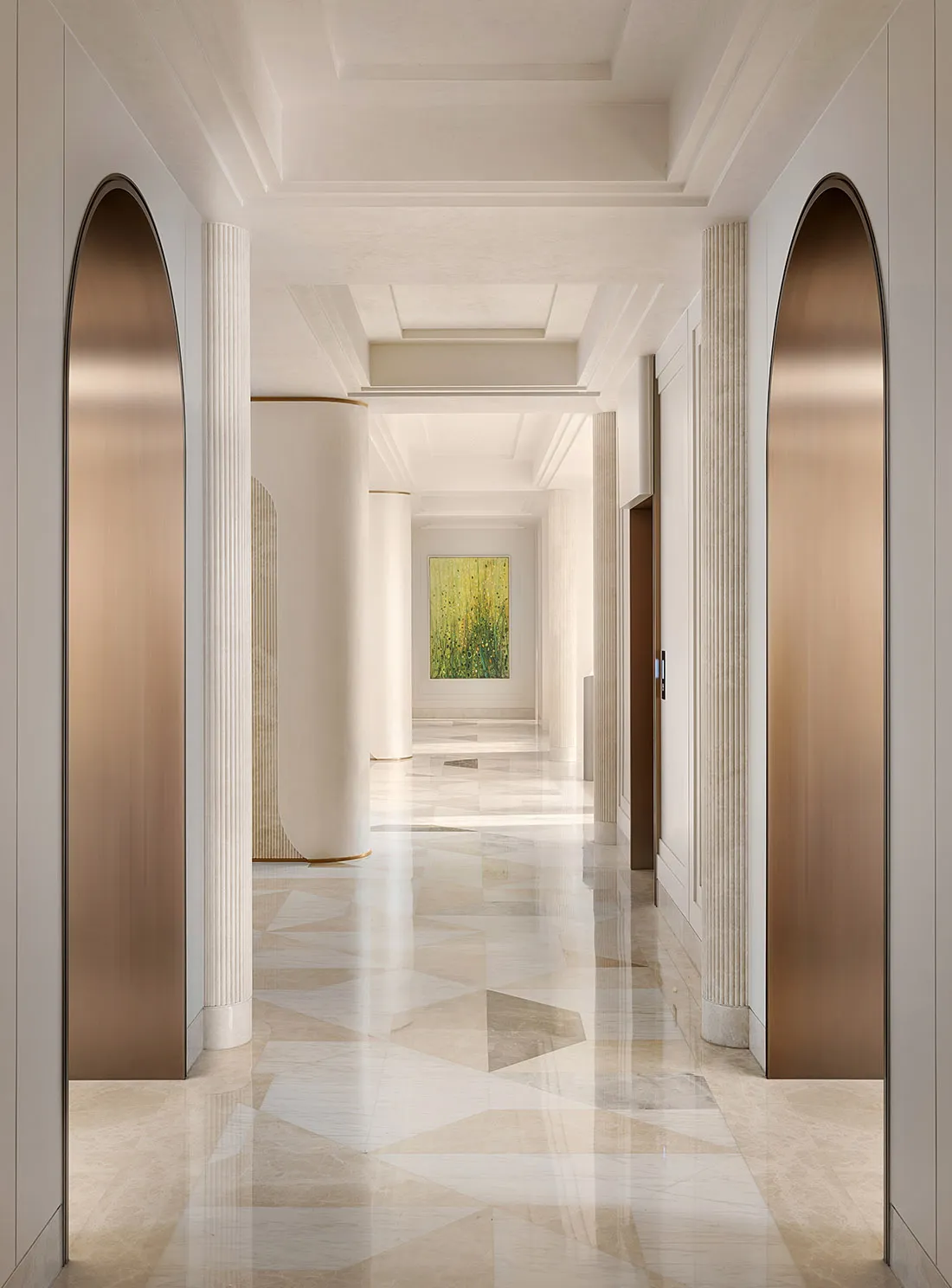 A modern luxury corridor adorned with marble finishes and elegant design elements.