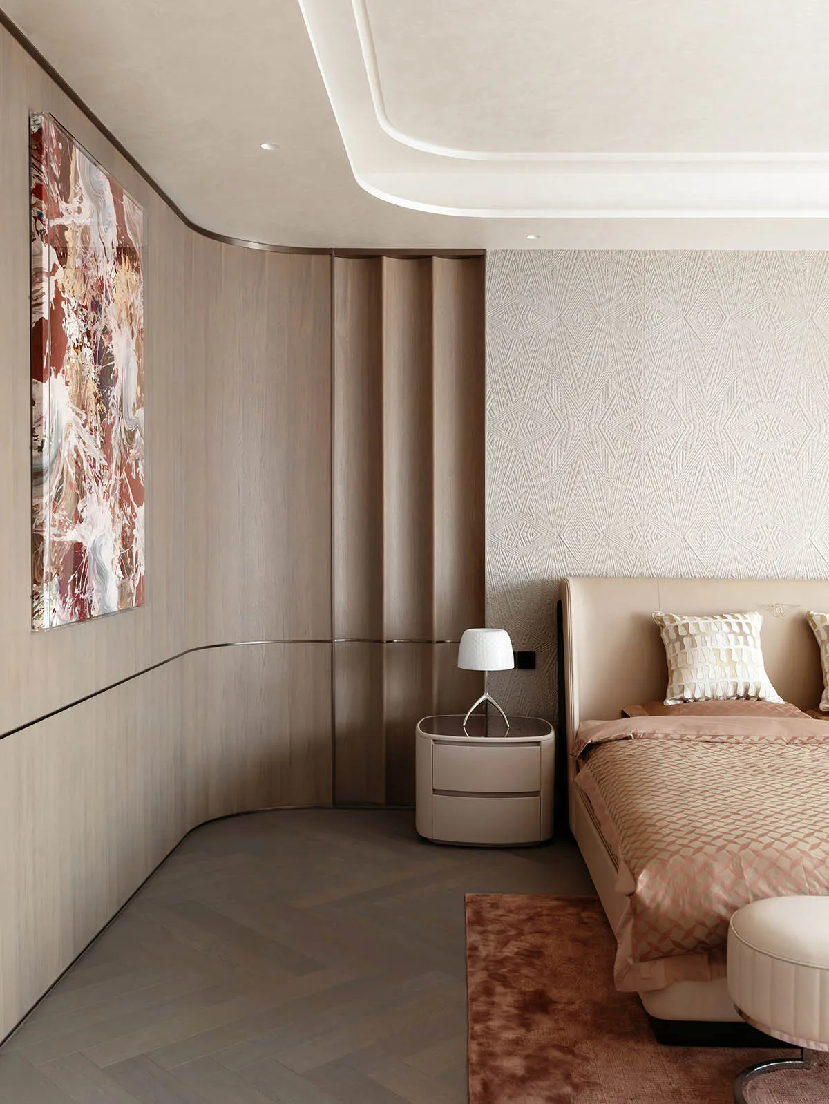 Modern minimalist bedroom featuring wooden walls and a bed with geometric patterns, white furniture, and a side table with a