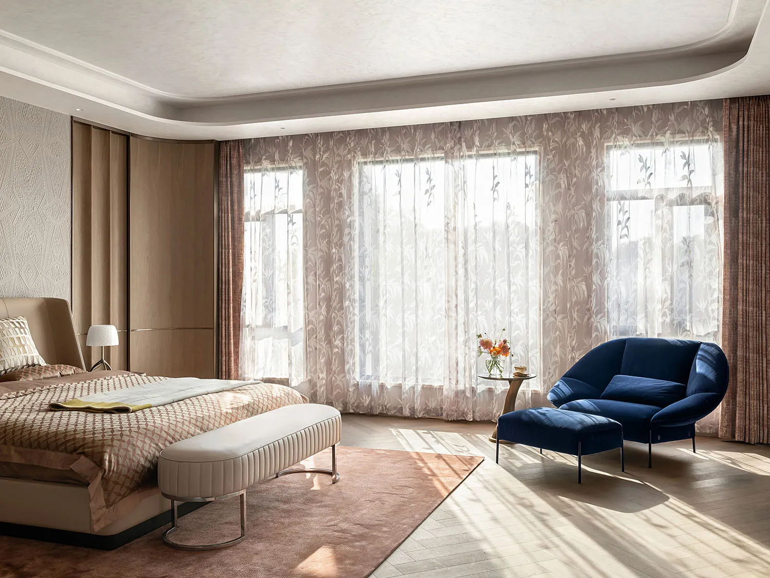 Modern residential interior with textured wood, sheer curtains, and velvet upholstery, featuring a bedroom and lounge area wi