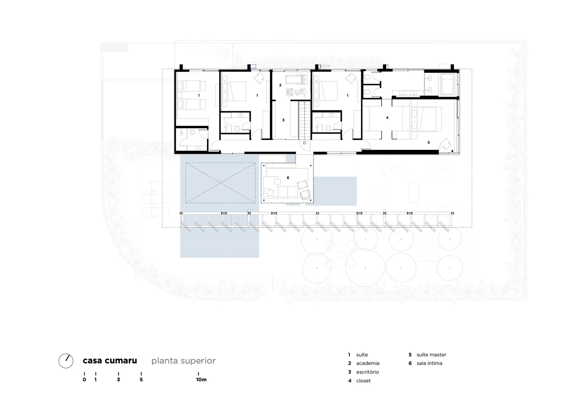 Floor plan of a residential house showing bedrooms, bathrooms, and living areas.