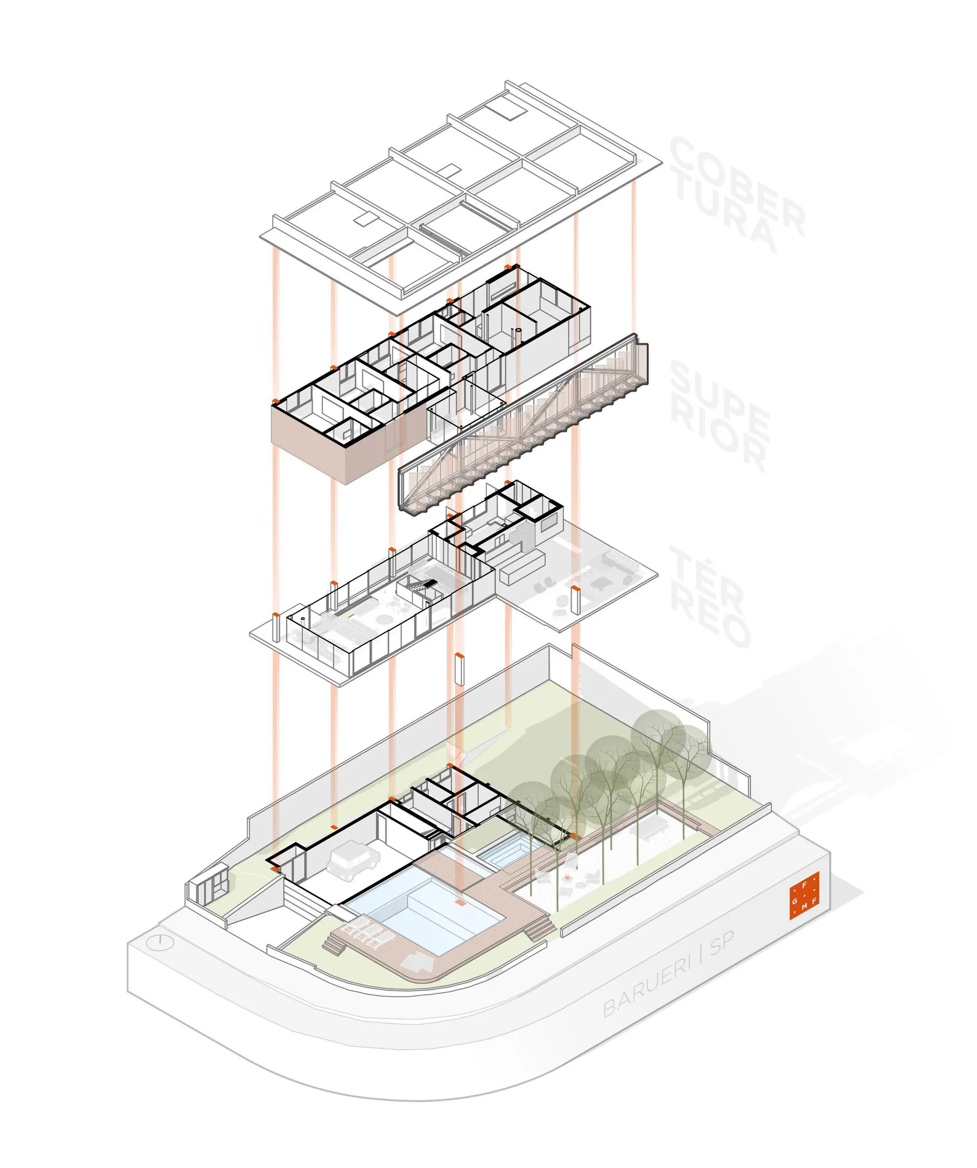 A 3D architectural rendering showcasing a modern residential plan featuring extensive use of concrete materials.