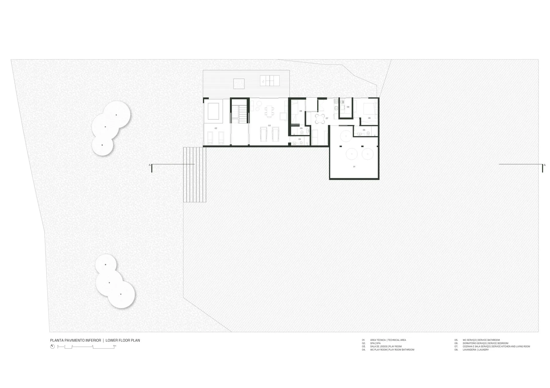 Floor plan of a modern residential interior with technical details and sections labeled.