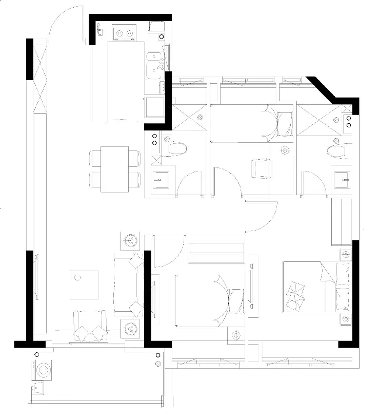 A modern apartment layout featuring open-plan living space, a kitchenette, and multiple bedrooms.